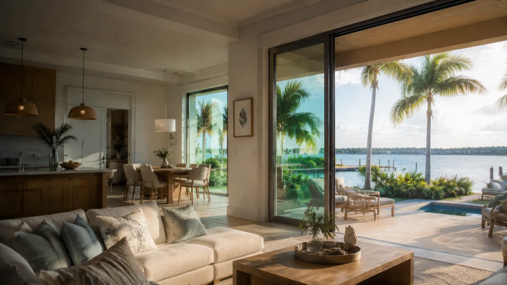 Bright coastal Florida home interior with palm trees and a water view