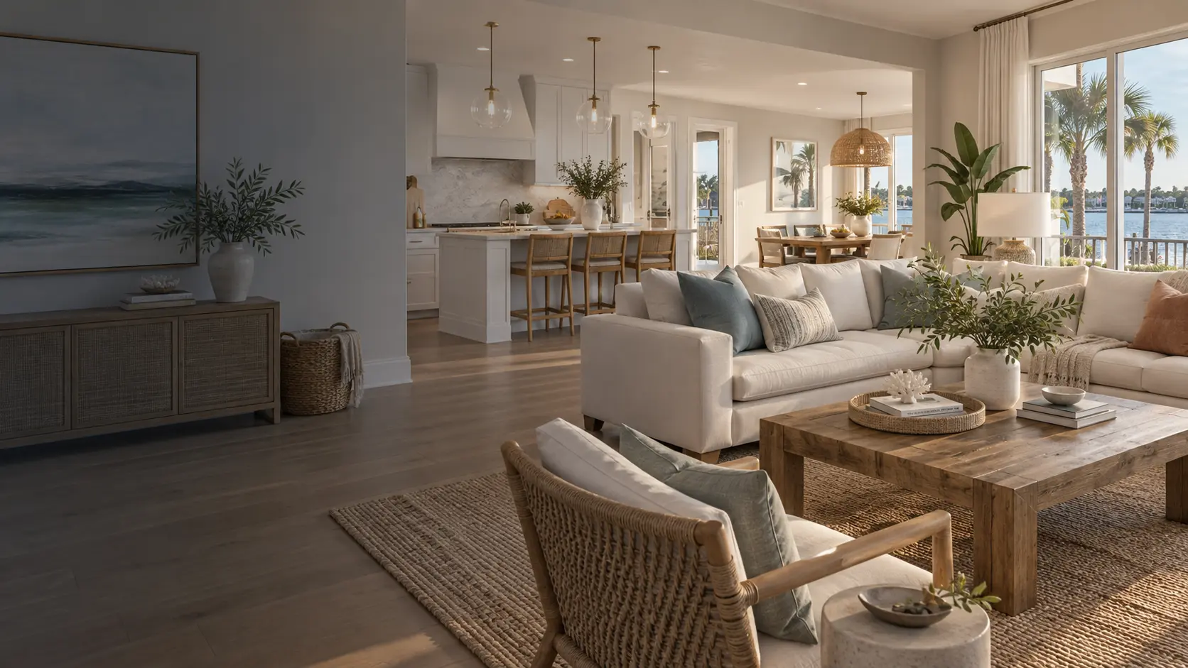 Refined coastal Florida living room and kitchen interior