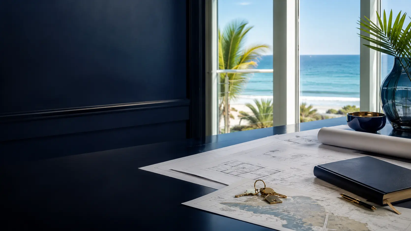 Florida real estate planning materials and house keys beside a Gulf Coast view